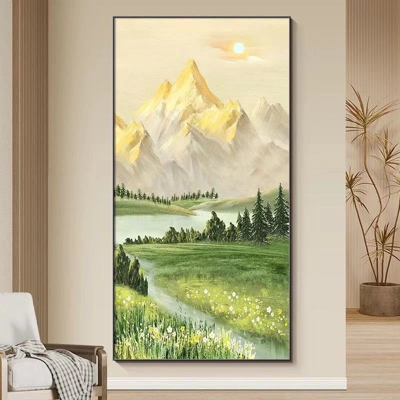 砂岩金山竖版奶油风山水风景挂画秋山意水客厅过道壁画80160