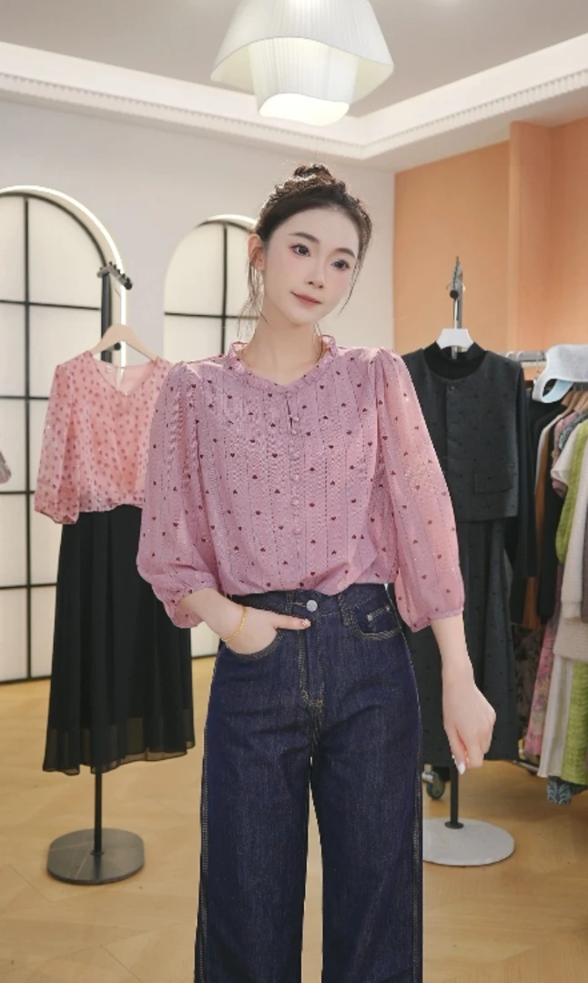 F3015秋季新款韩系洋气时尚设计感波点百搭修身显瘦圆领上衣女