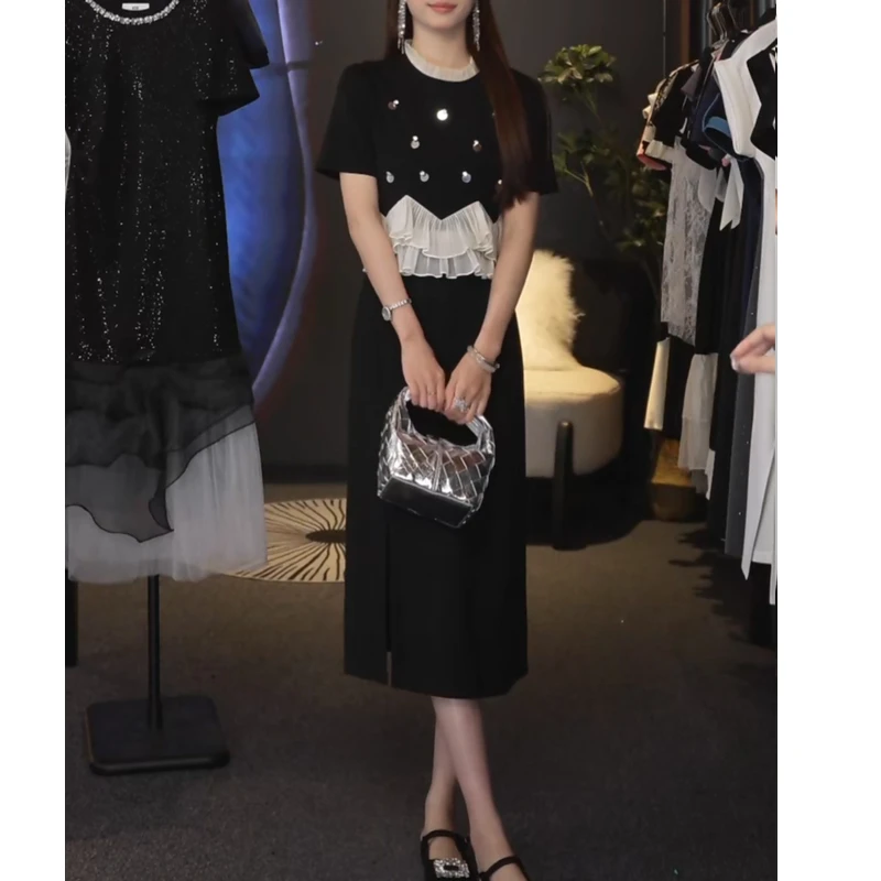 轻奢法式荷叶边假两件连衣裙女2025年夏季新款气质减龄中长裙8718