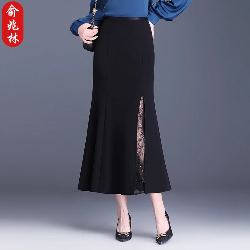俞兆林半身裙女黑色蕾丝网纱包臀鱼尾裙春秋季高腰显瘦气质长裙子