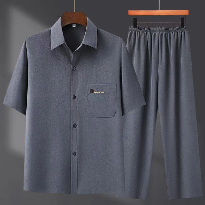 夏季薄款唐装短袖男中国风套装爸爸汉服爷爷中老年时尚衣服73#