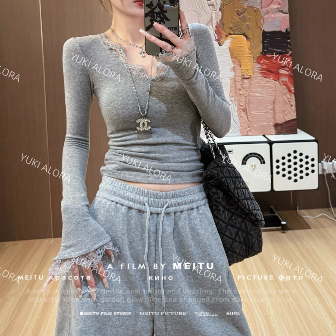 【LLU李】蕾丝拼接长袖打底t恤新款 LLU-70215