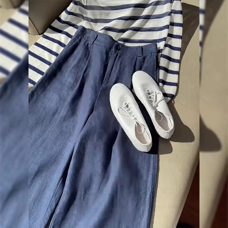 藏青色休闲阔腿裤女春夏新款大码梨形身材宽松显瘦亚麻九分直筒裤