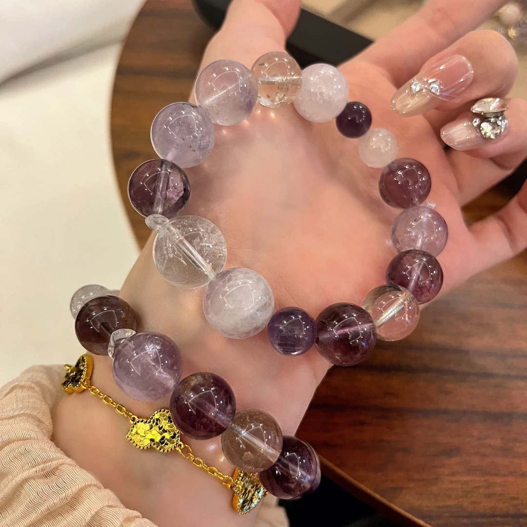 【皆顺】玻利维亚+白幽灵+紫兔毛+白水晶+紫锂云母 多样性水晶手串