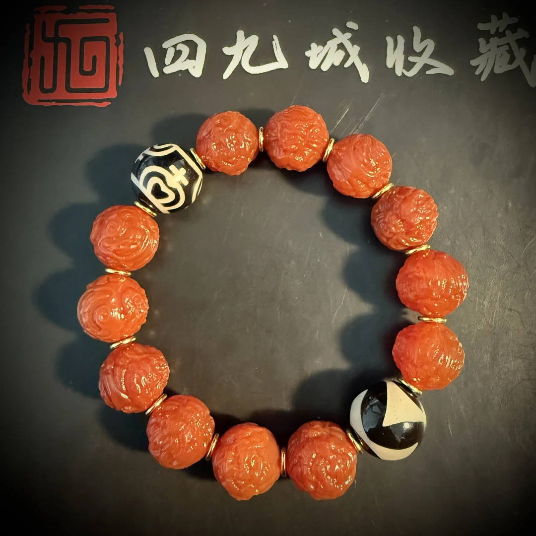 四九城收藏天珠玛瑙手串14左右正面龙珠男女款单圈