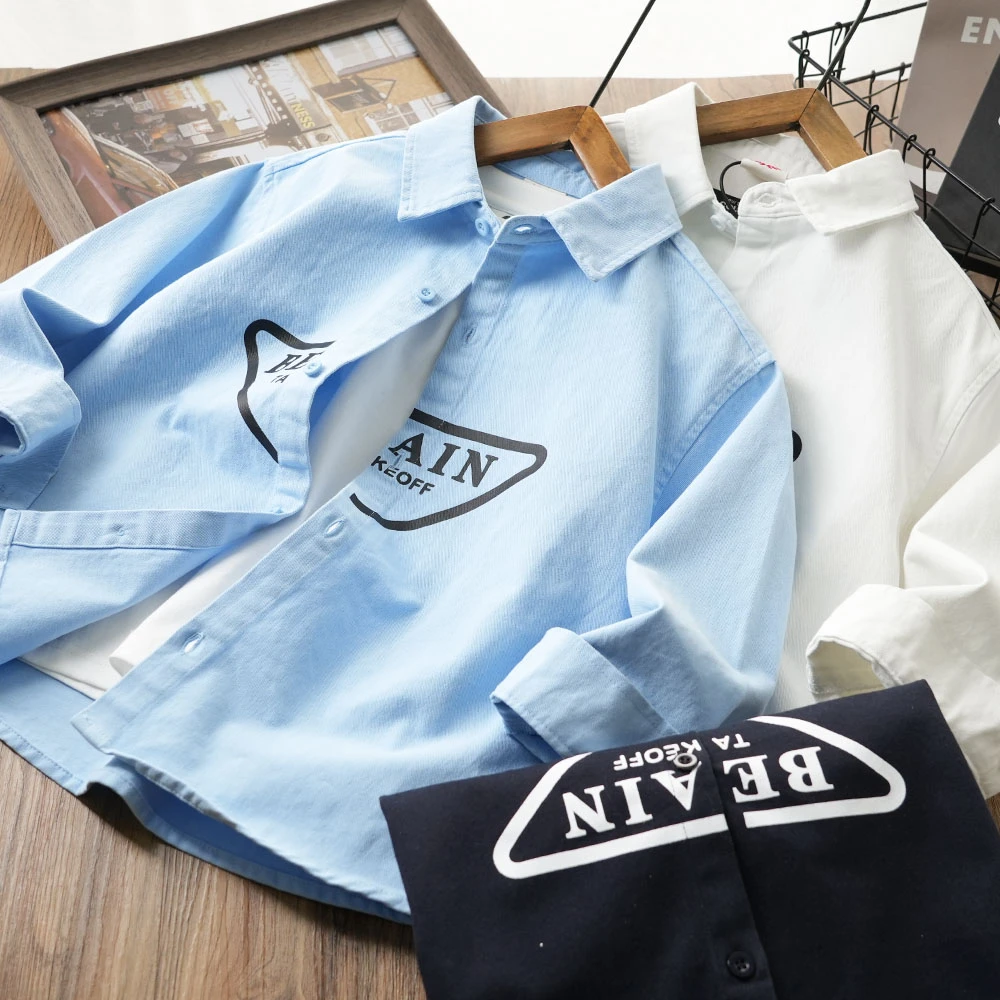 春季新款男童三角字母印花休闲衬衫中大童儿童翻领上衣S885