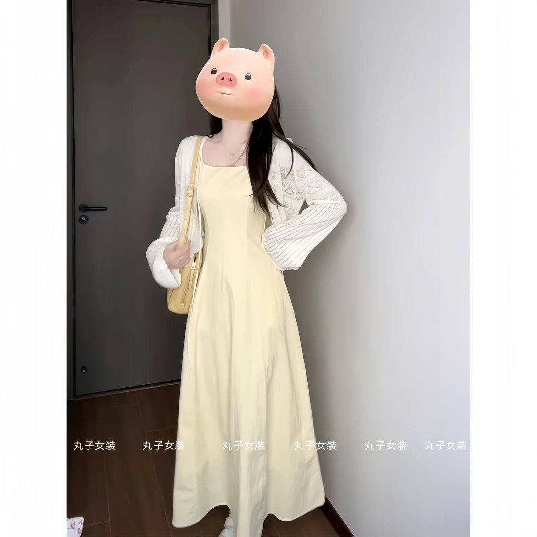 早春穿搭一整套女装法式气质长袖开衫2025新款收腰显瘦吊带连衣裙