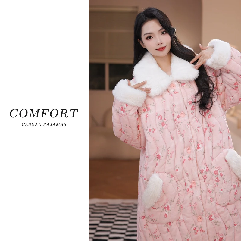 2025冬季三层夹棉保暖珊瑚绒加绒加厚睡袍女连帽睡衣家居服套装