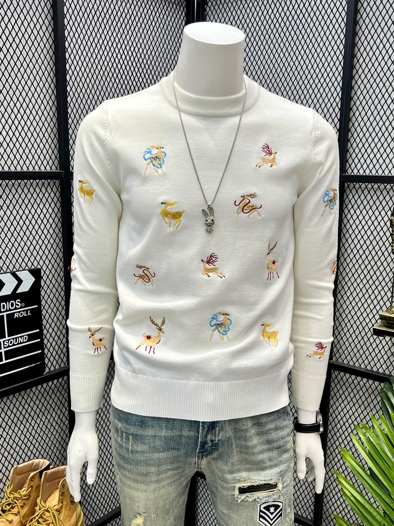 欧美潮牌圣诞麋鹿刺绣毛衣男秋冬款潮流个性修身上衣圆领针织衫男