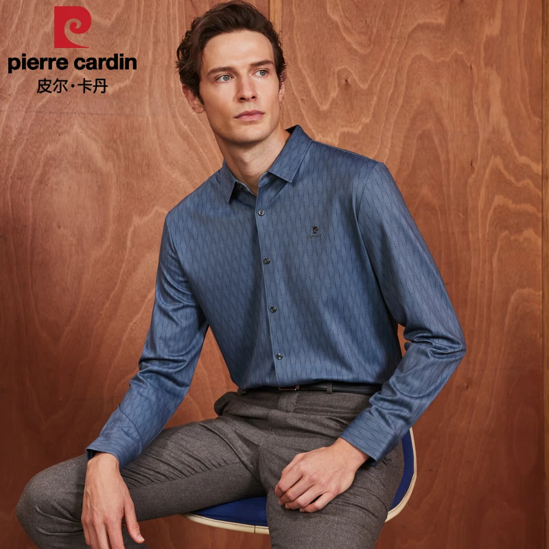 皮尔卡丹针织衬衫休闲衬衣男士舒适时尚长袖经典商务翻领百搭轻奢