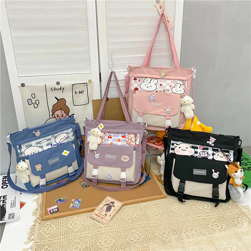 可折叠甜美风小熊拼色款斜挎包中小学生城市轻运动风单肩百搭斜跨