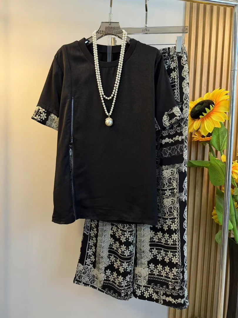 大码女装拼色袖口立领短袖上衣花朵阔腿裤胖妹妹气质轻熟风两件套