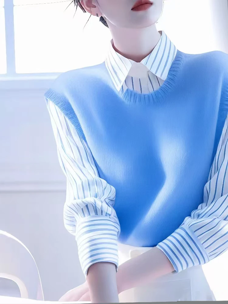 今年爆款假两件蓝色条纹衬衫女2025早春新款内搭叠穿长袖针织上衣