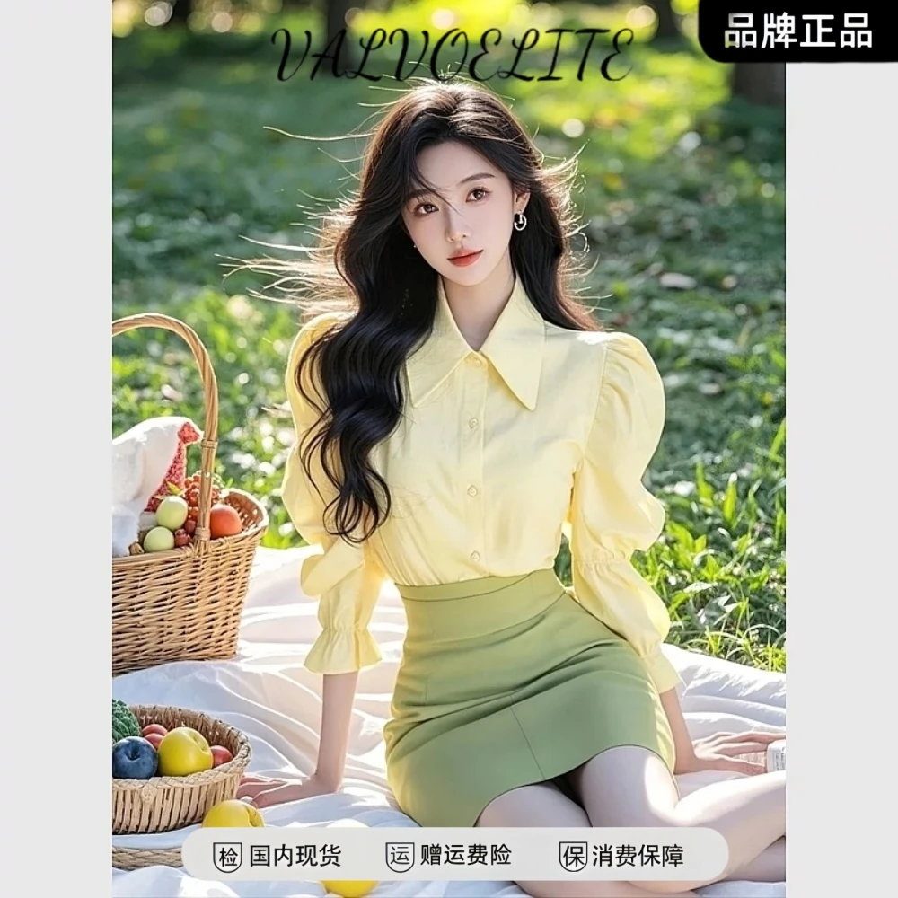 2025早秋新款爆款流行高级感减龄洋气超好看设计感黄色泡泡袖衬衫