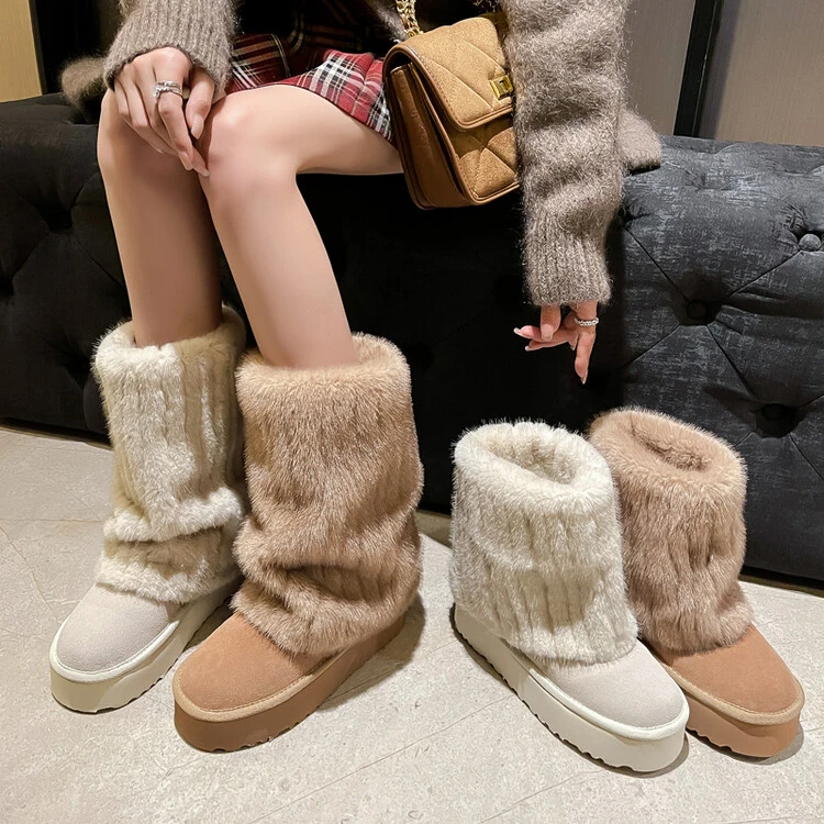 东北仿貂毛真皮冰岛雪地靴女款2025冬季爆款保暖厚底防滑毛毛棉靴