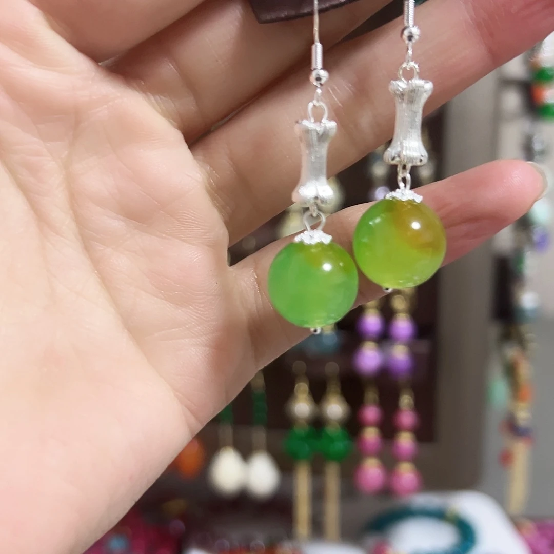 银S925镶嵌耳钉玛瑙/玉髓绿色