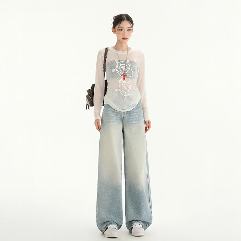 早秋新款早美式复古重工艺洗水高腰宽松阔腿新款垂感直筒裤牛仔裤