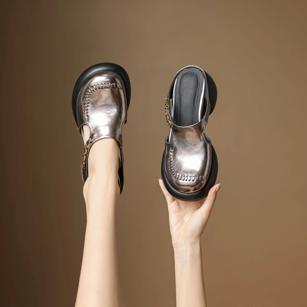 2025年新款牛皮跟高6公分休闲凉鞋