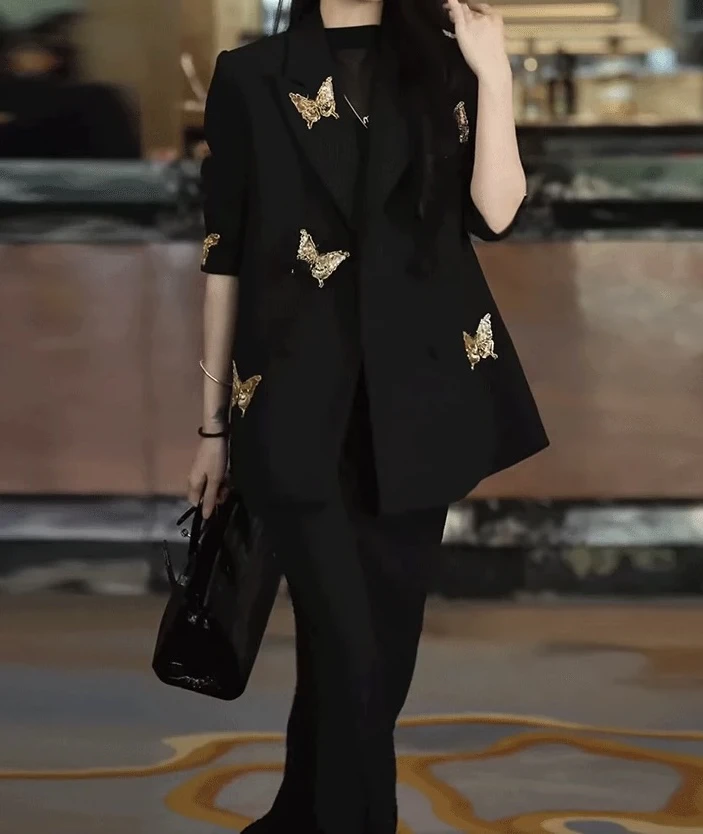 西装外套女气质名媛高级感2025春季重工精致小个子黑色西服外套女