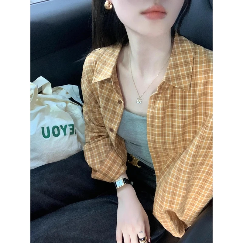 春秋薄款法式复古格子衬衫外套女早春宽松衬衣外穿小个子长袖上衣