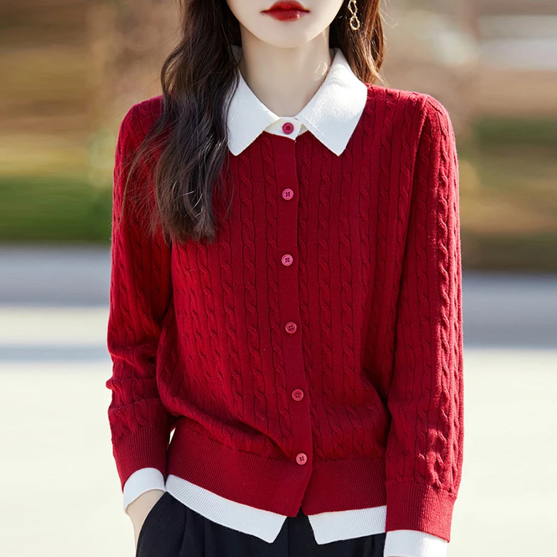 恒源祥集团POLO领撞色羊毛开衫女宽松时尚毛衣外套百搭针织上衣