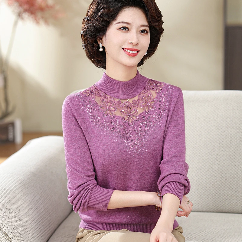 蕾丝镂空领洋气小衫秋装新款针织衫宽松长袖打底妈妈装