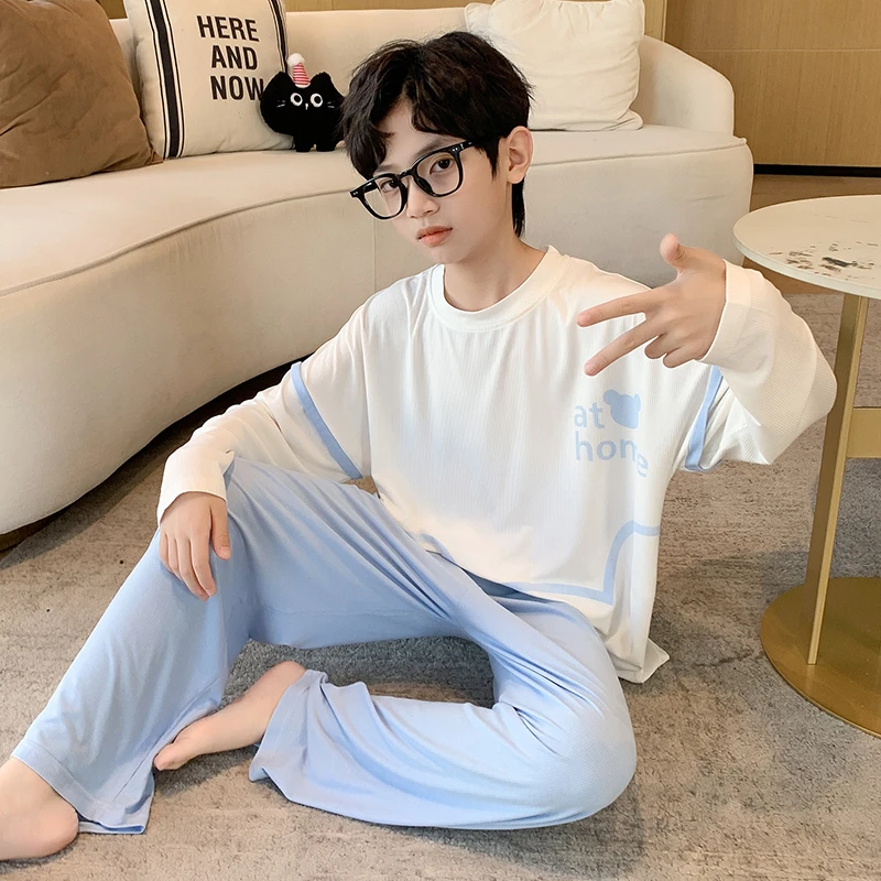 男童春秋薄款莫代尔睡衣儿童长袖家居服套装10至15岁男孩夏空调服
