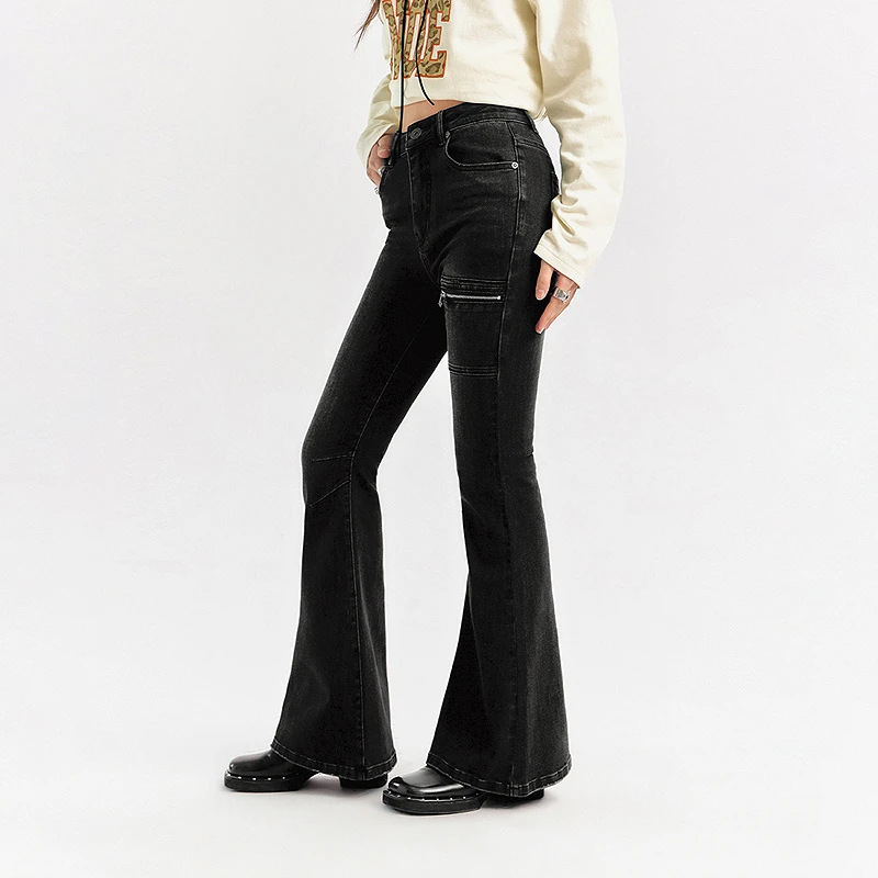 NO ONE ELSE美式复古女装秋季磨白拉链口袋长裤子水洗微喇牛仔裤