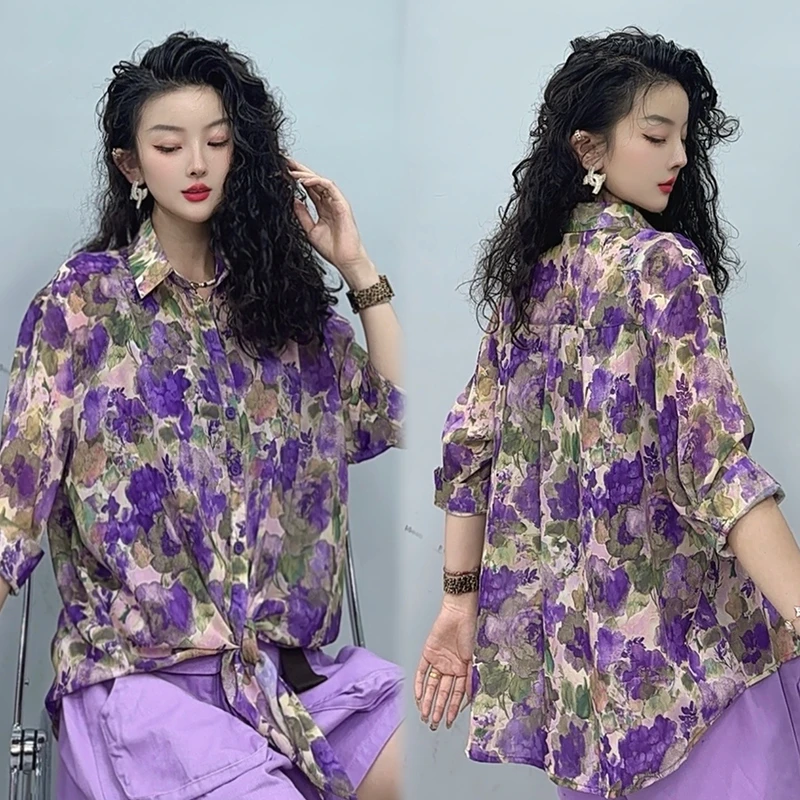 原创时尚花衬衫女2025夏季新款重工港风宽松洋气衬衣上衣-9688