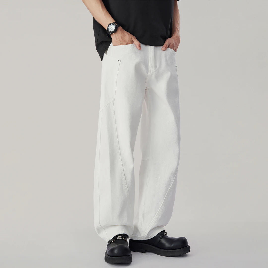 春夏新款纯棉白色弯刀牛仔裤男美式高街垂感宽松直筒阔腿廓形长裤