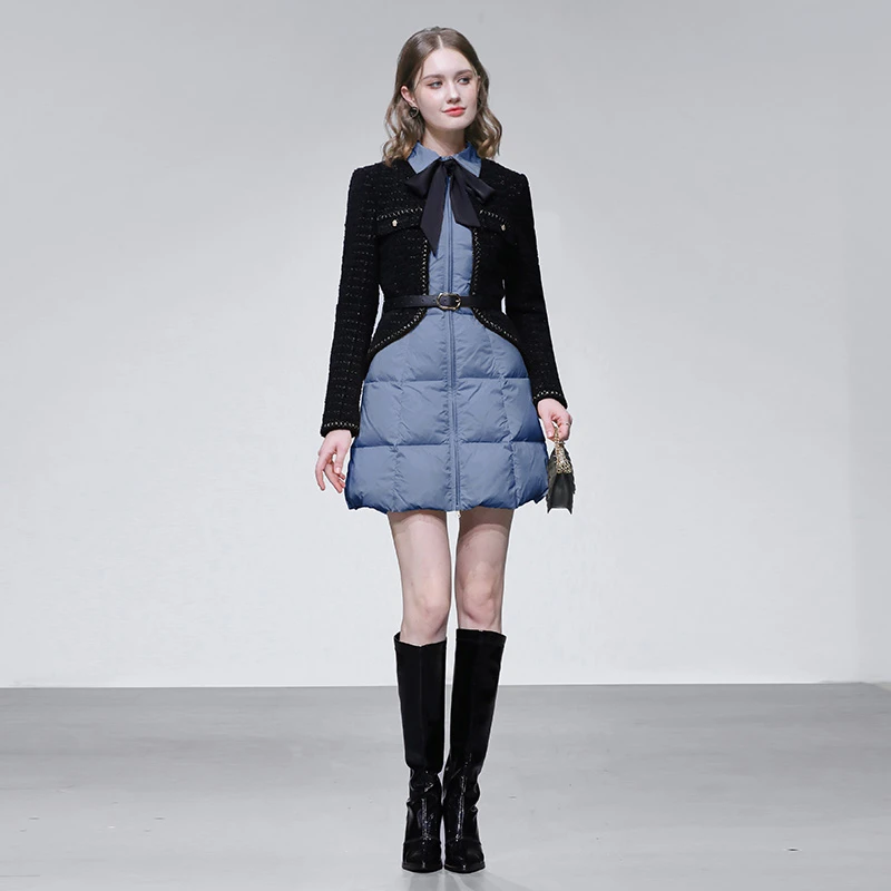 冬假两件小香轻奢粗花呢拼接翻领收腰显瘦A摆羽绒服外套GC36050H