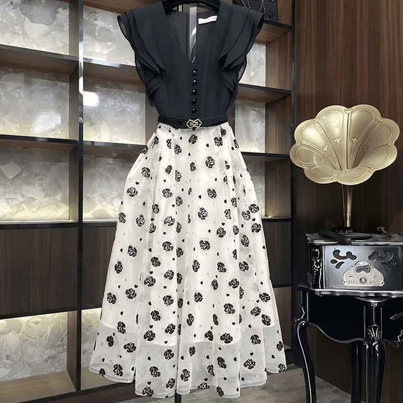 【琪琪】【有里布】法式气质显瘦收腰连衣裙春夏遮肉轻奢裙子女D1008