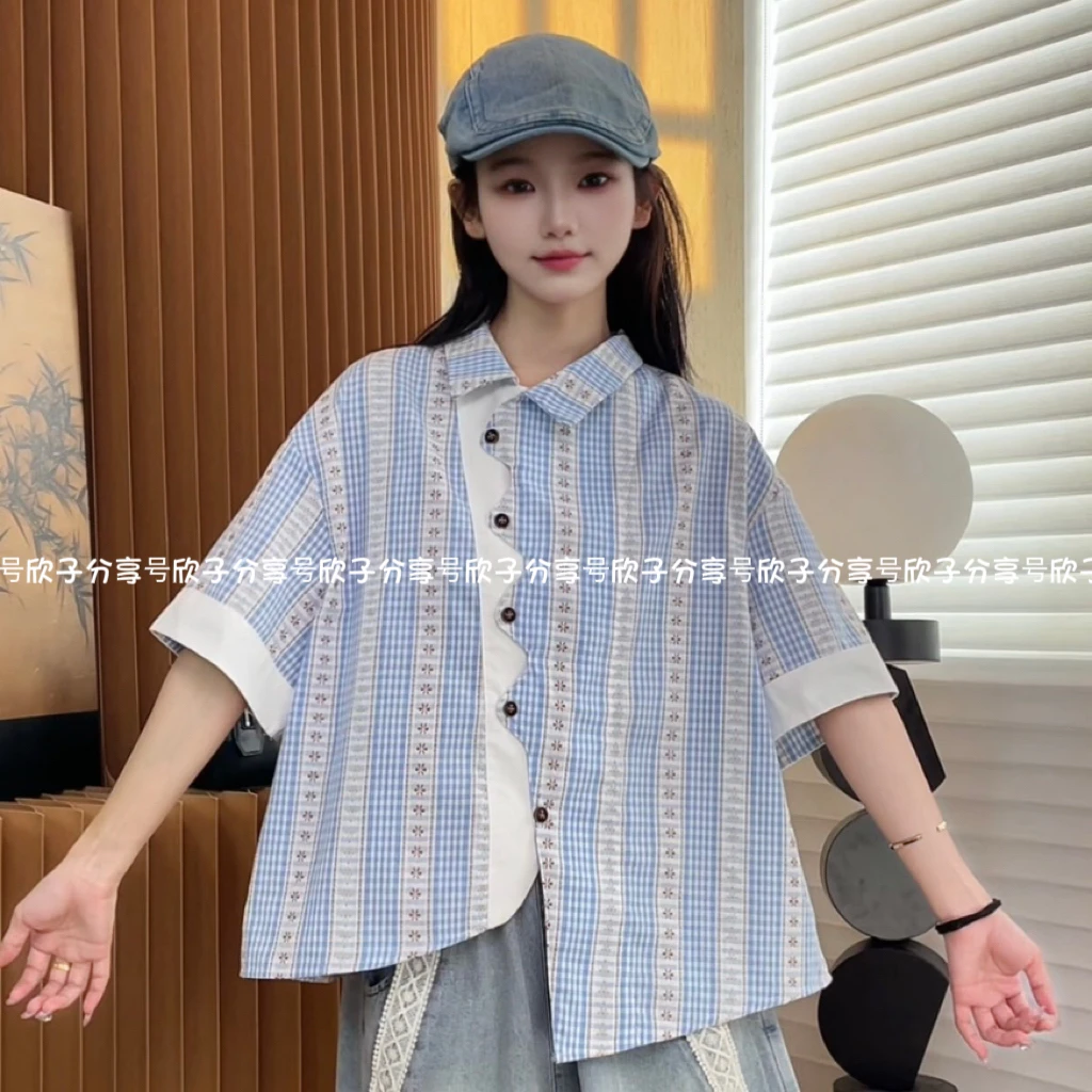XZ“仲夏物语”自制日系拼接蓝格子提花衬衫女双层领口短袖衬衣