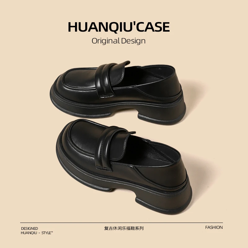 环球厚底乐福鞋女款夏季2025新款一脚蹬英伦风增高黑色jk小皮鞋子