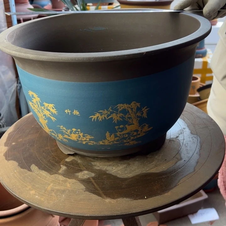 紫砂宜兴紫砂花盆蓝熊猫大