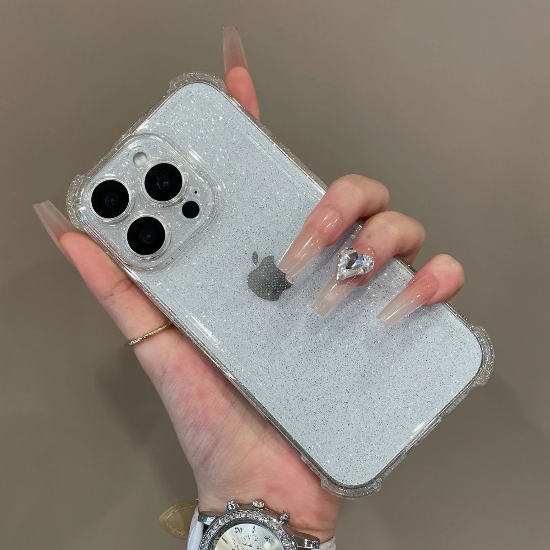 高级感ins四角防摔透明闪粉适用iPhone1手机壳15pro时尚14轻奢13