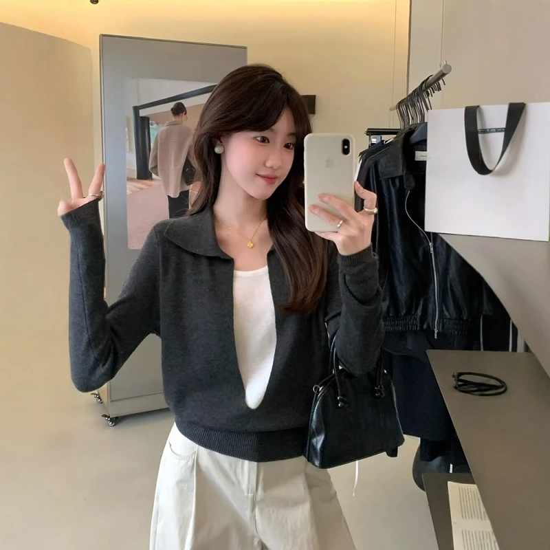 老钱风polo领假两件长袖针织衫女春秋外穿松弛感宽松慵懒翻领上衣