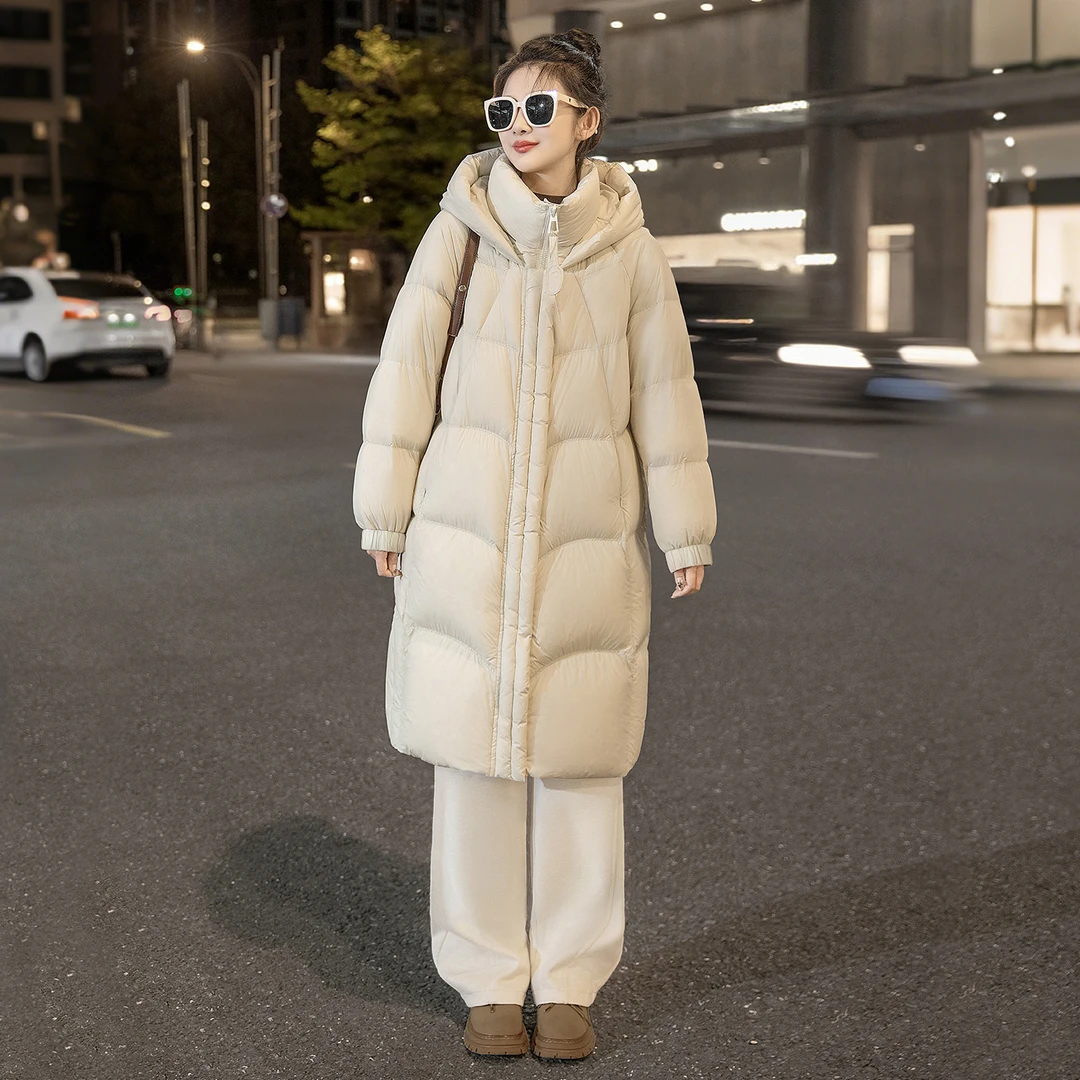 丝柏舍2025冬装新款女装时尚90绒长袖中长款连帽羽绒服S54B2507Y