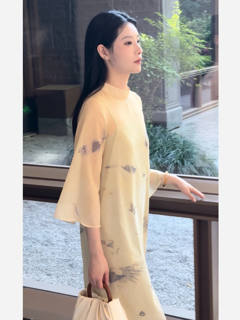 扎染宽松气质显瘦遮肉新中式圆领显瘦连衣裙两件套