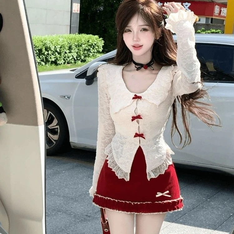 【全城热恋】纯欲风显高瘦蝴蝶结蕾丝衫上衣+高腰显瘦半身裙套装