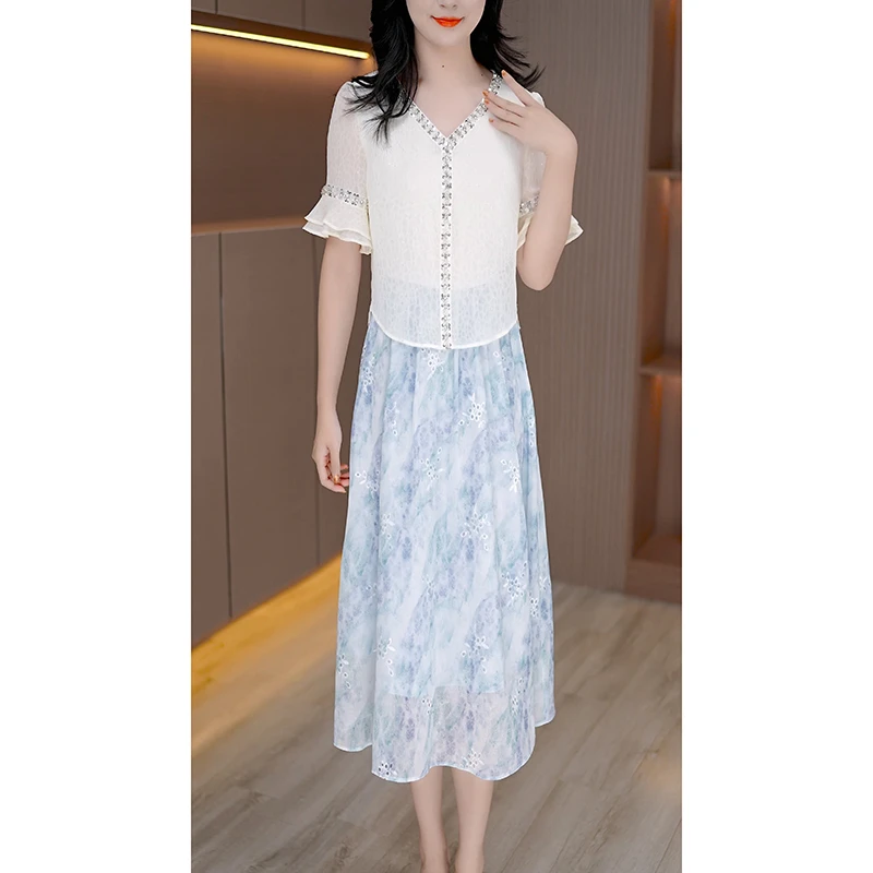 气质连衣裙假两件减龄新款拼接拼色裙子显瘦洋气中长款裙