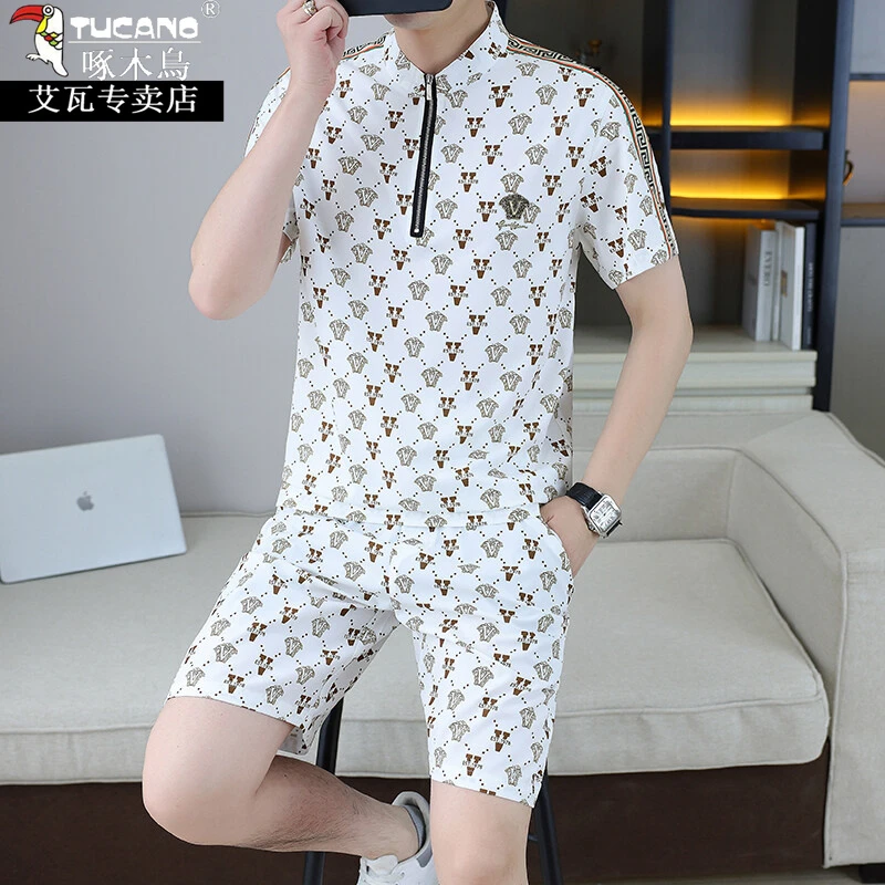 啄木鸟正品2025时尚夏天男士新款欧版冰感短袖T恤男休闲短裤套装