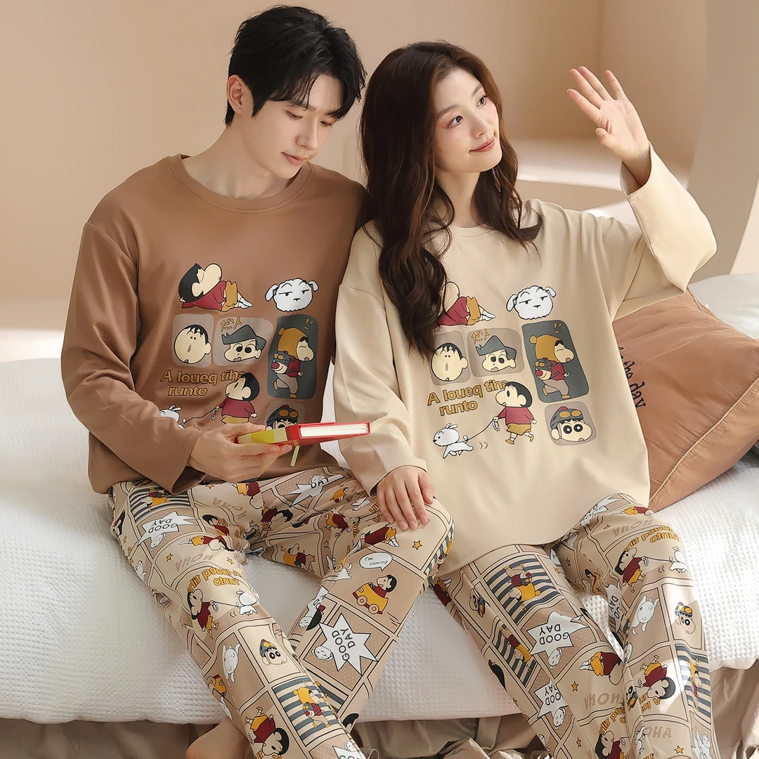 情侣100%纯棉睡衣女春秋长袖蜡笔小新休闲可外穿夫妻男家居服套装