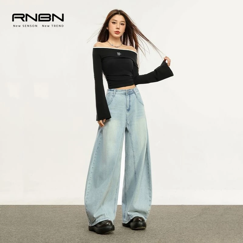 RNBN新款复古宽松垂感阔腿牛仔裤遮胯显高显瘦慵懒风弯刀裤女
