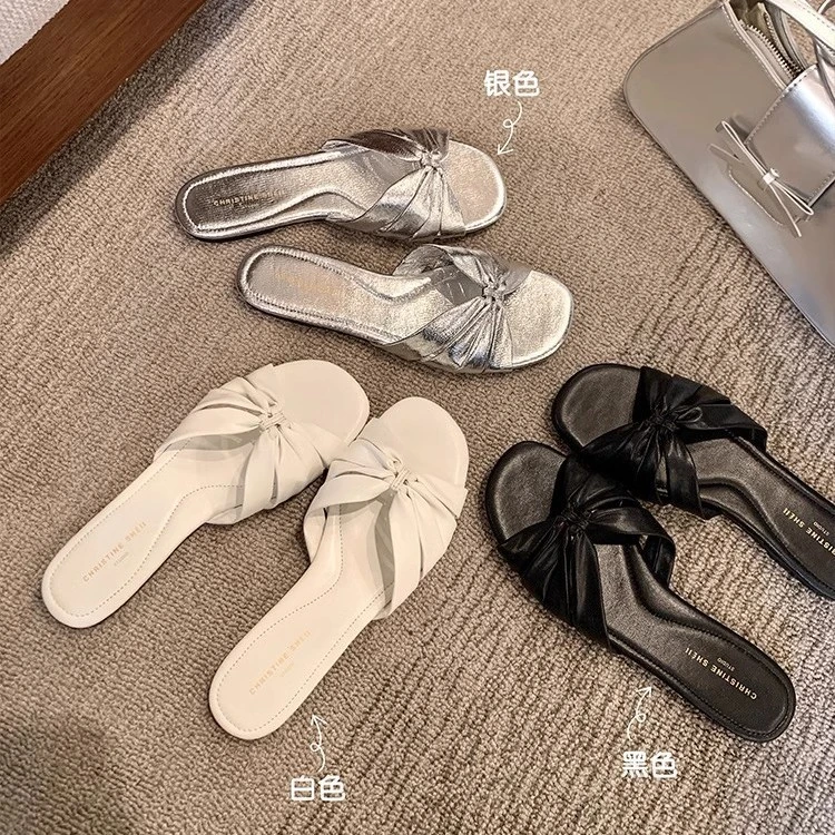 法式时尚方头褶皱蝴蝶结一字带花结平底凉拖鞋女2025夏季新款外穿