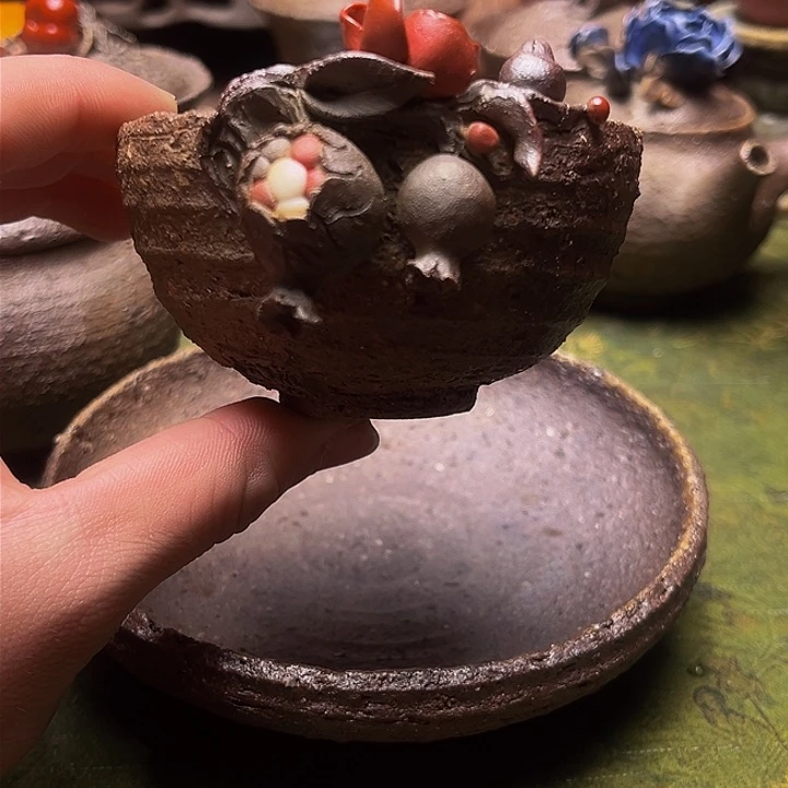 2 纯手工高端柴烧石榴碗杯