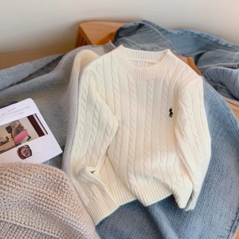 刺绣小马麻花毛衣女韩系慵懒风2025秋冬新款小众百搭针织衫上衣