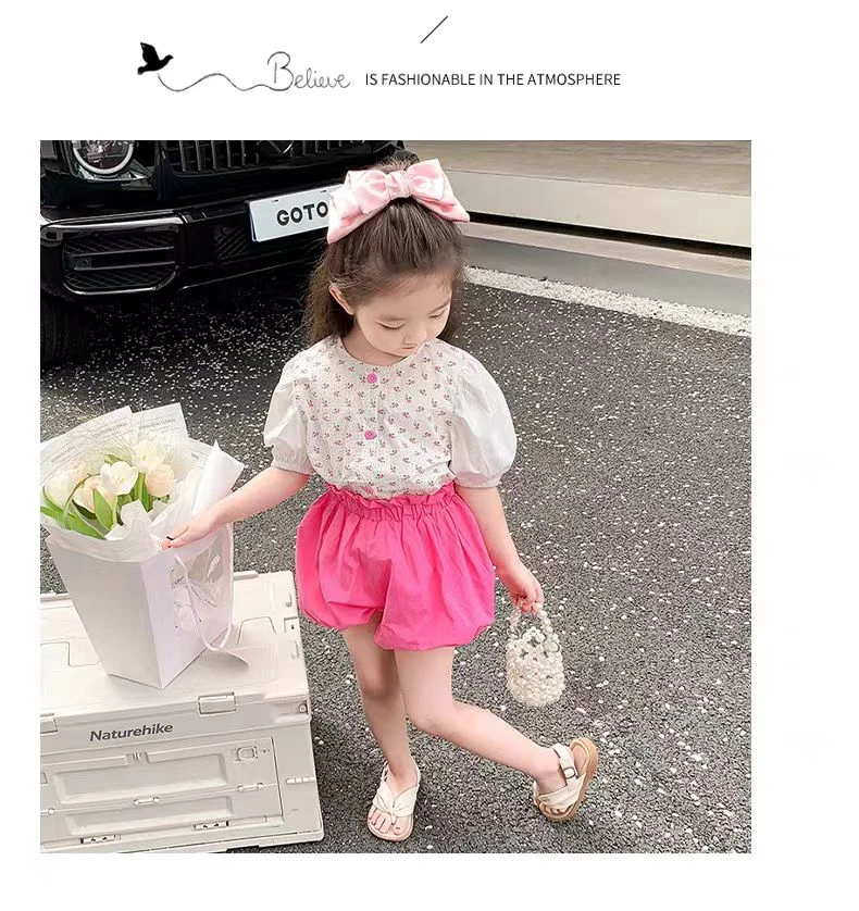 8091玫粉色碎花花苞套装夏款女童洋气