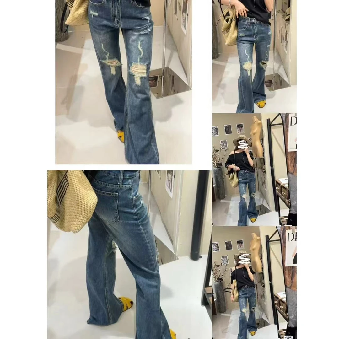 【81276】女士破洞喇叭牛仔裤夏季新款宽松显瘦显腿长拖地长裤