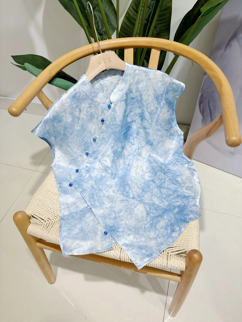 DY2755樱美嘉100桑蚕丝织金夏季新款新中式短袖衬衫国风上衣蓝